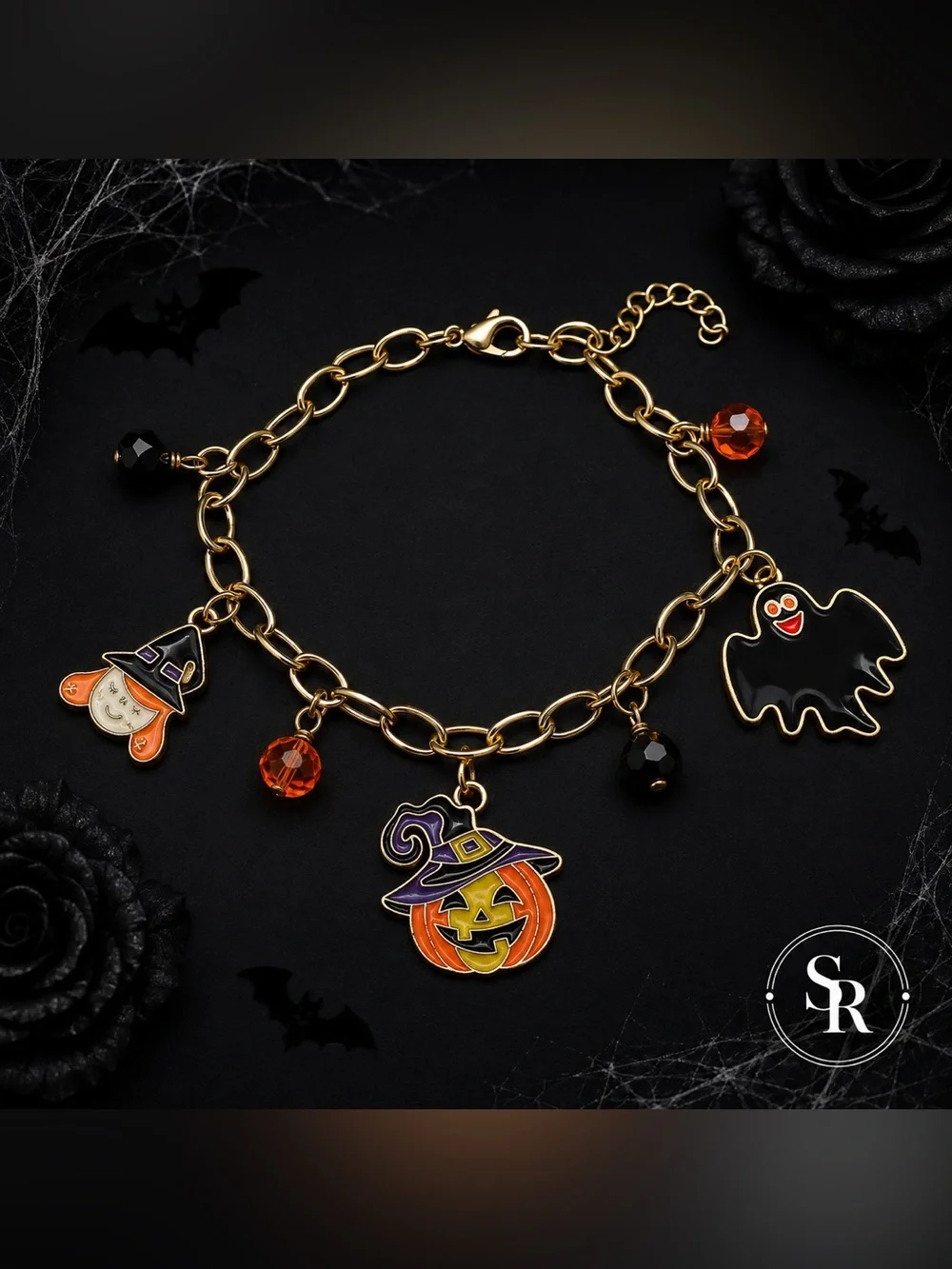Halloween Witch Ghost Pumpkin Charm Bracelet Gold Tone Enamel NWT